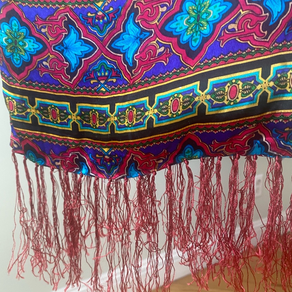 100% Silk Long Scarf Colorful Floral & Jewel Print Double Sided With Fringe EUC - Picture 5 of 7